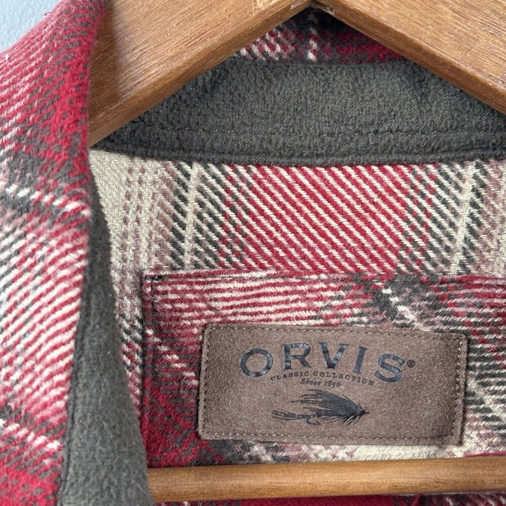 Orvis Men’s Medium Shacket Long Sleeve Shirt Red Beige Pocket Button Up Heavy - Picture 4 of 13